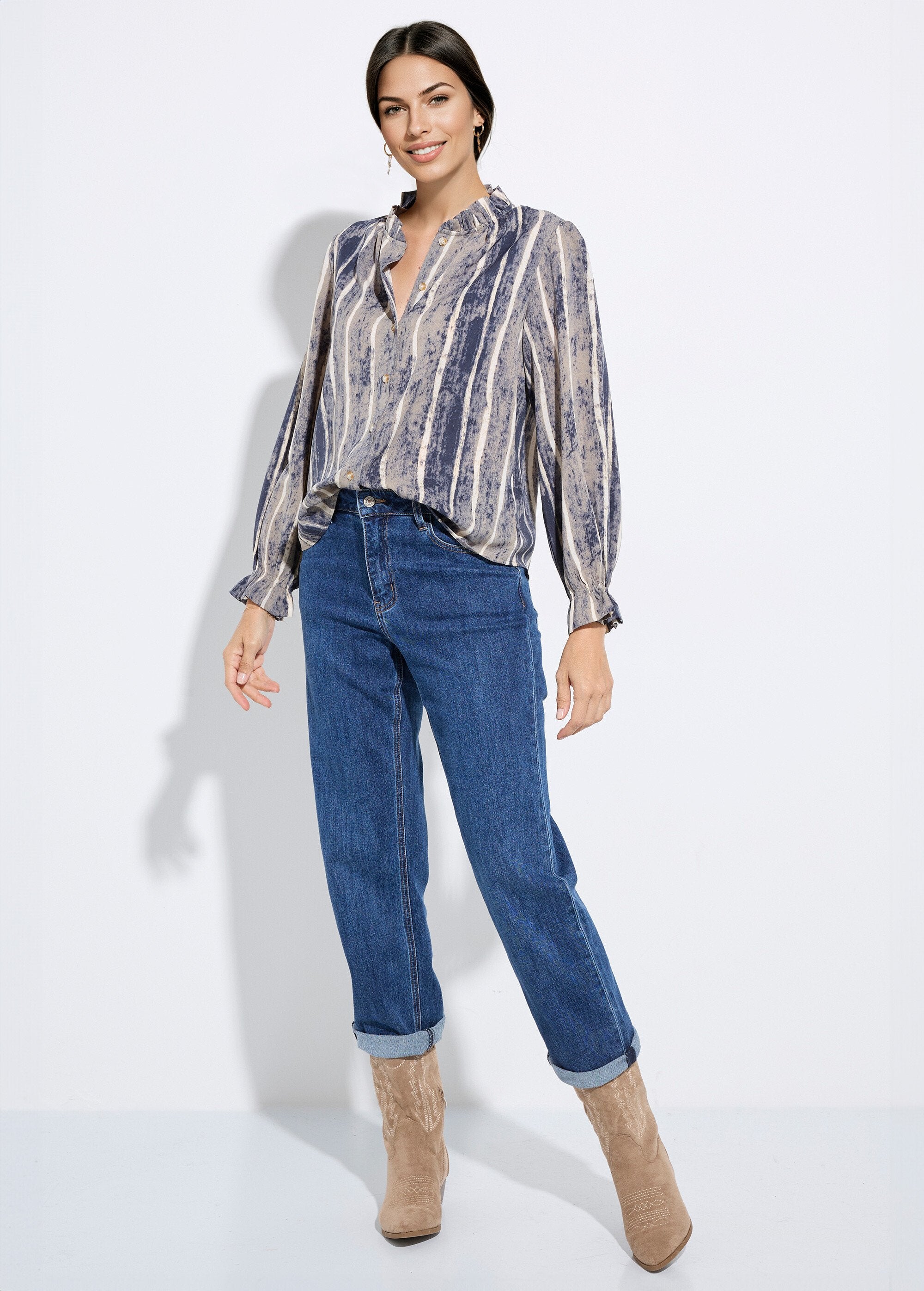 Pleated_high_neck_blouse_with_striped_print_Gray_and_ecru_SF1_slim