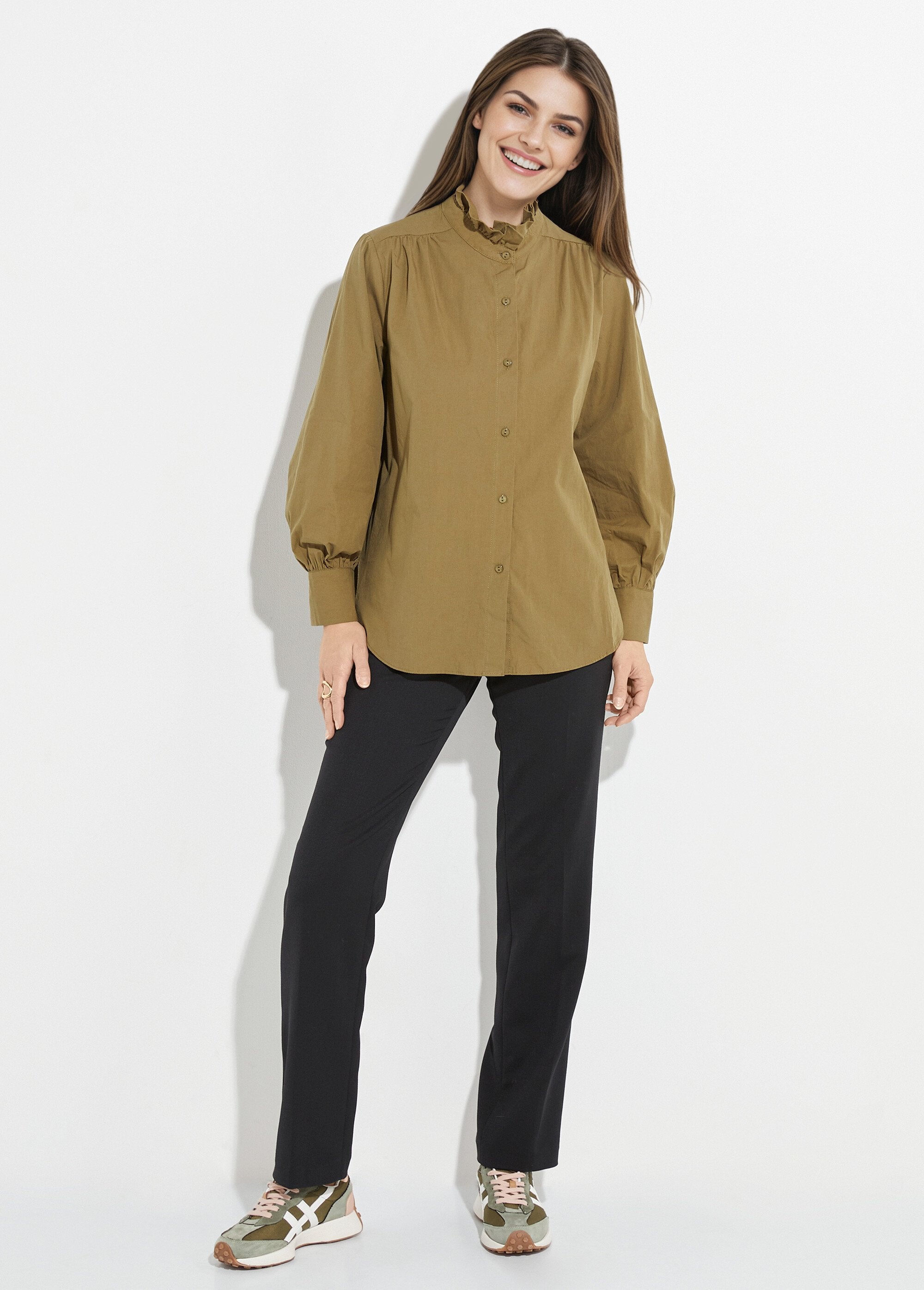 Blouse_with_a_pleated_high_collar_Khaki_SF1_slim
