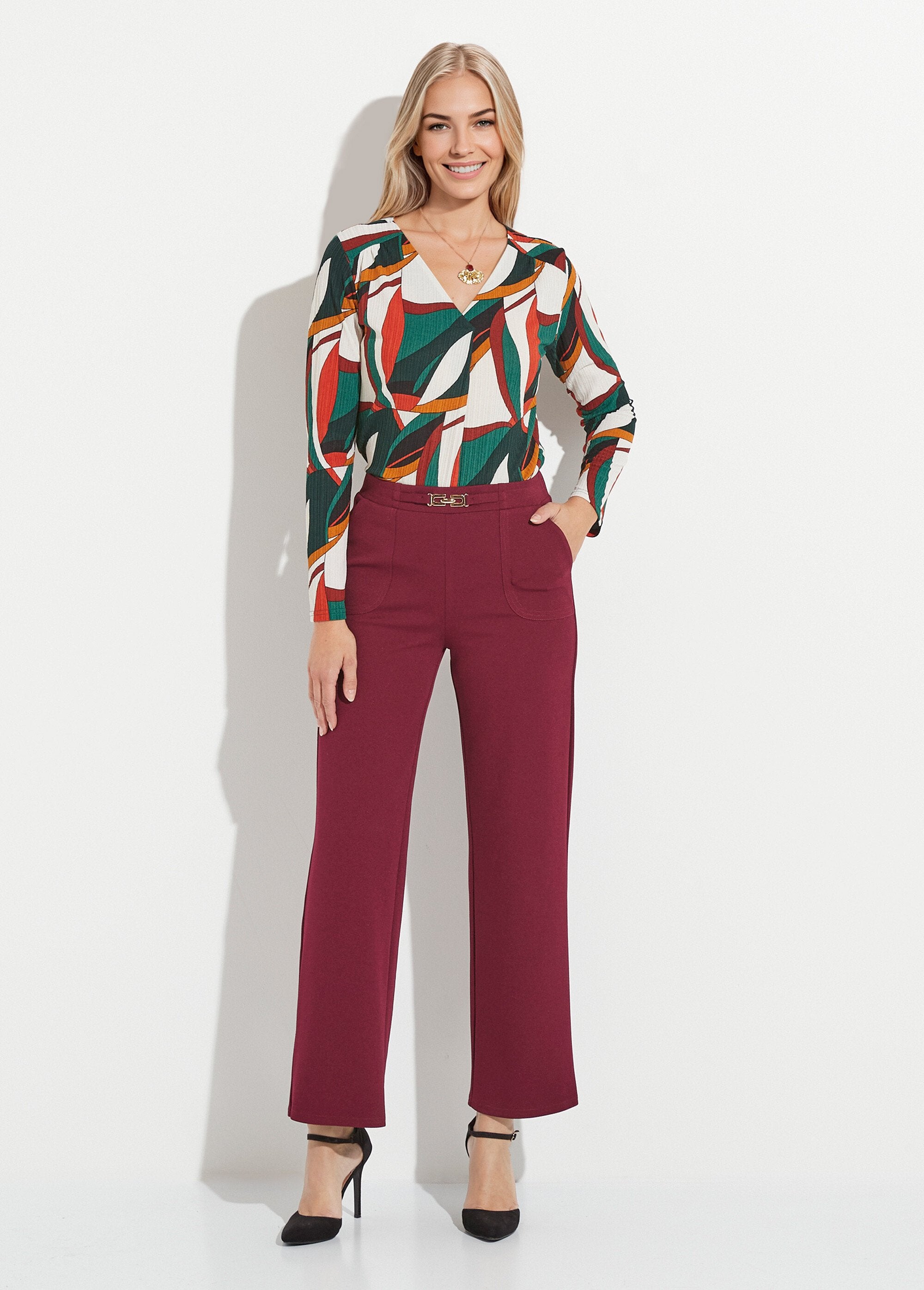 Pantalon_droit_taille_élastiquée_ceinture_bijou_Bordeaux_SF1_slim