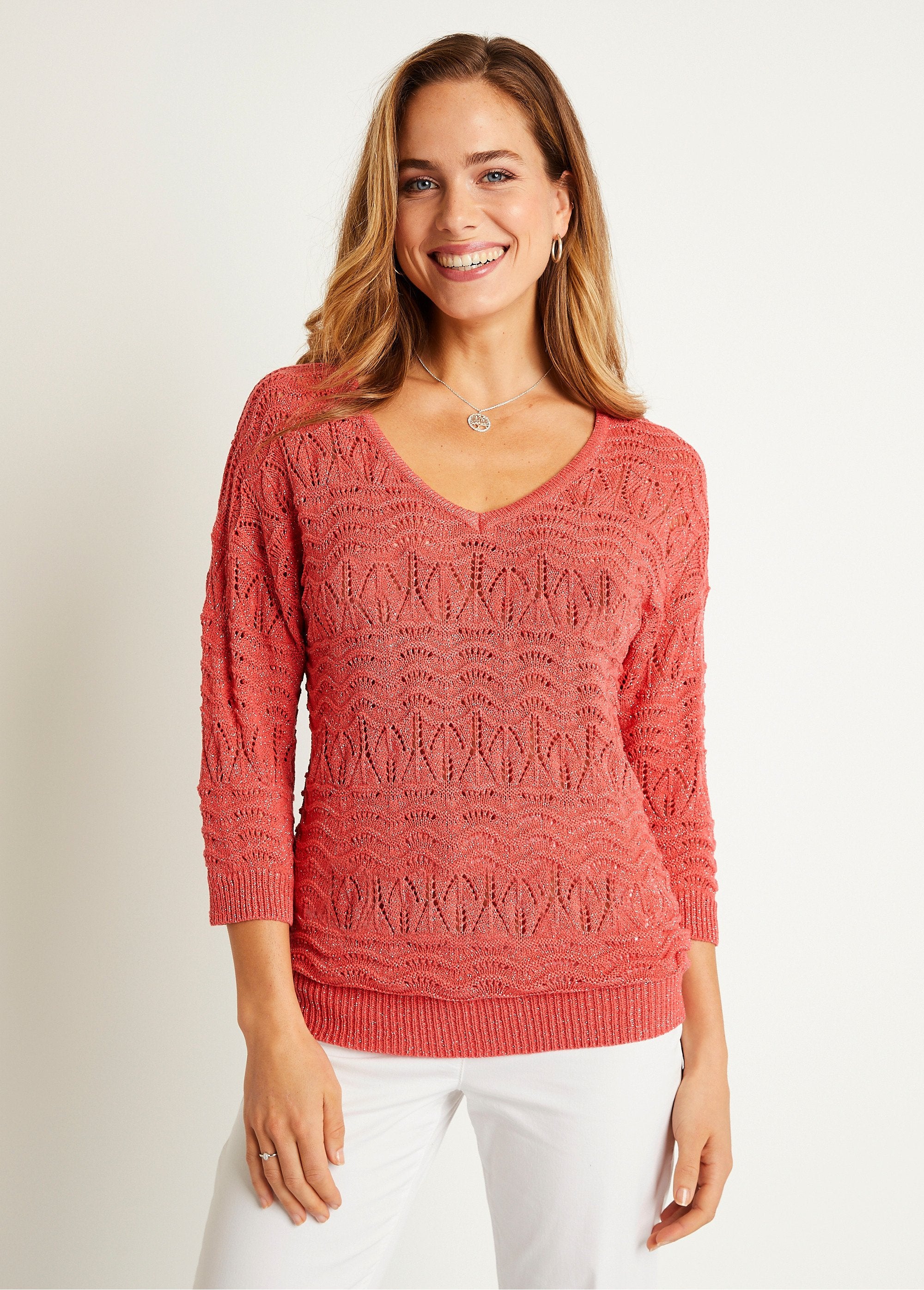 3/4_sleeve_openwork_pattern_V-neck_sweater_Coral_FA1_slim
