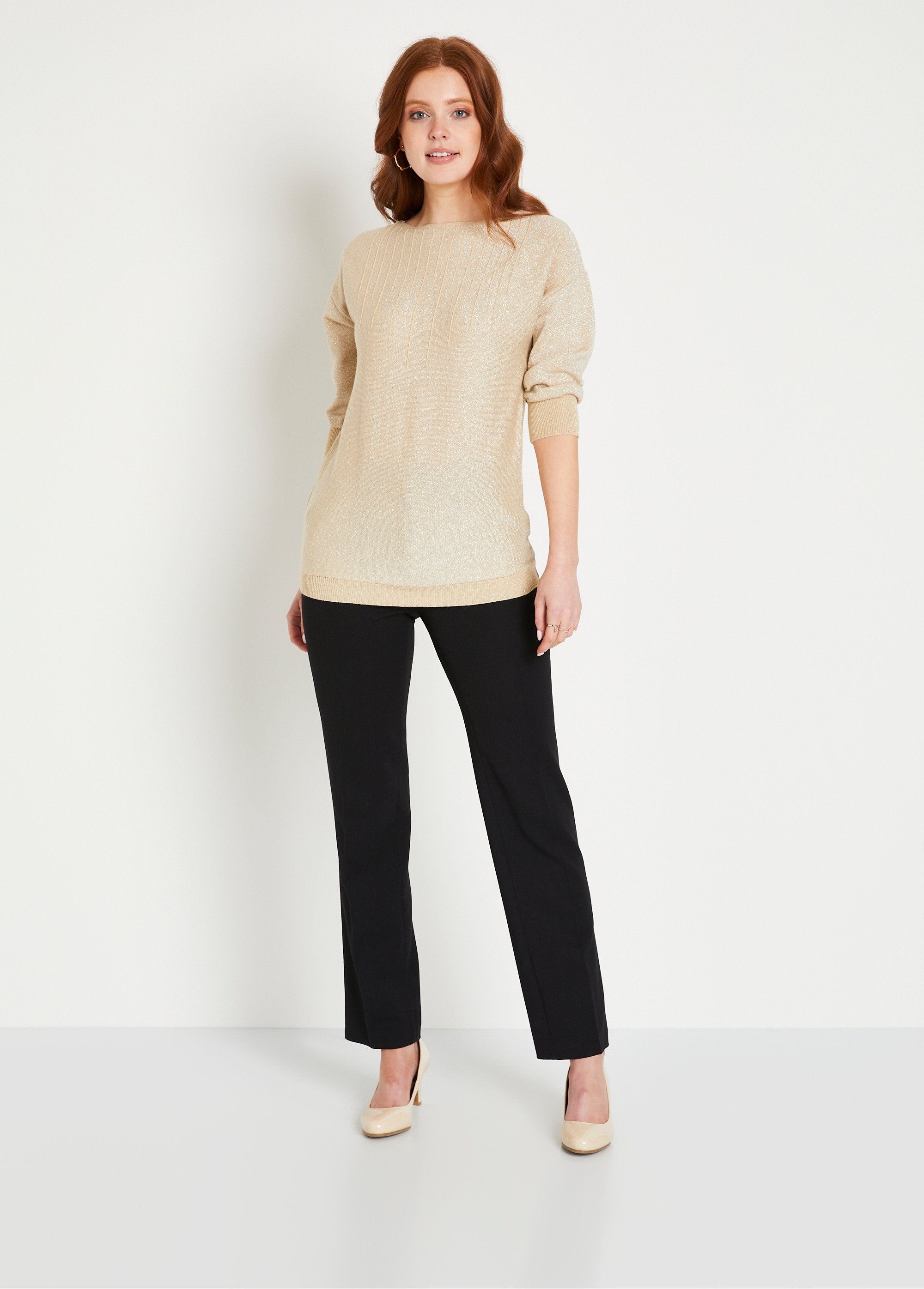 Plain_shiny_mid-length_sweater_3/4_sleeves_boat_neck_Iridescent_beige_SF1_slim