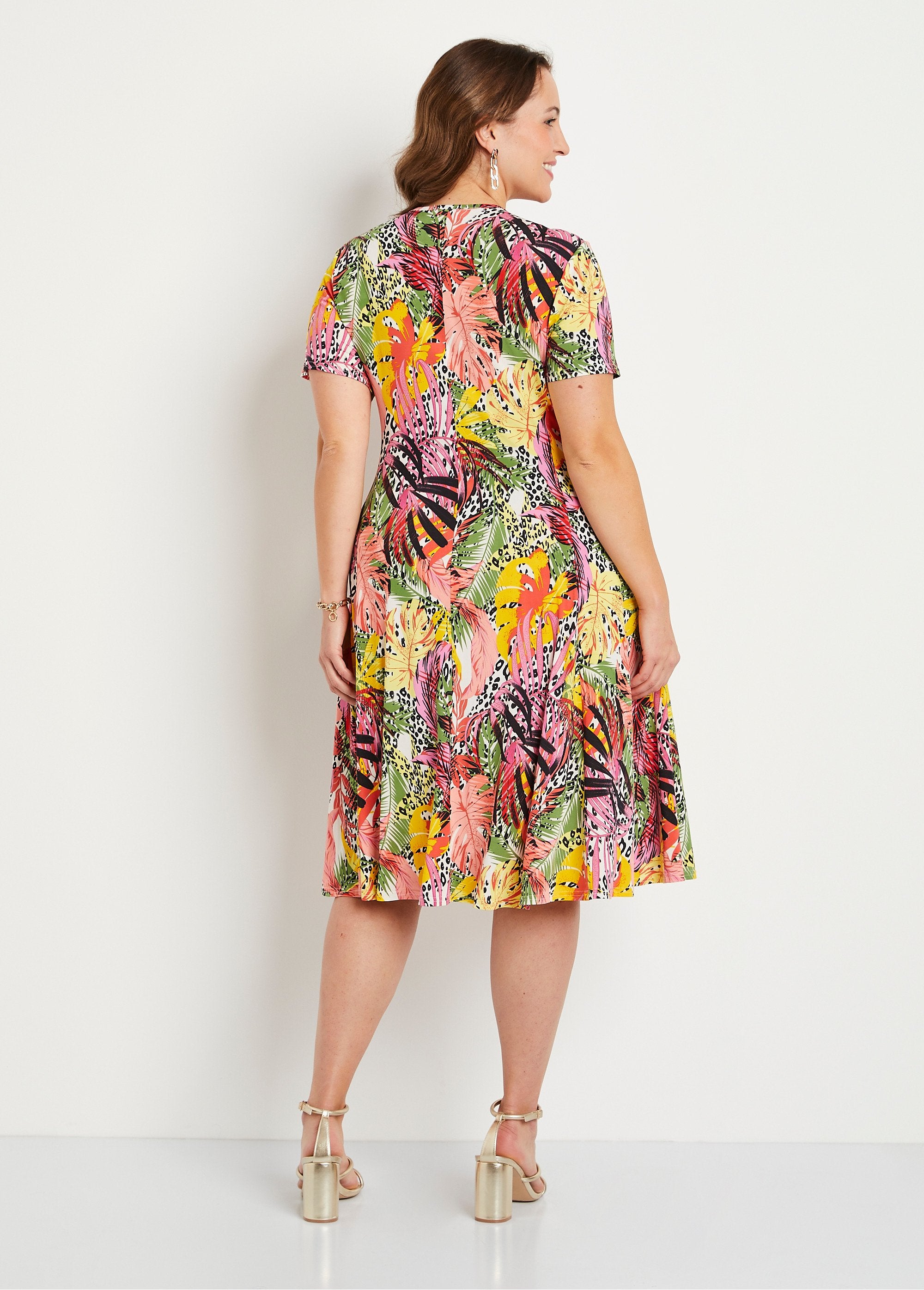 Short_floral_and_animal_skin_wrap_dress_Pink_and_yellow_DO1_curvy