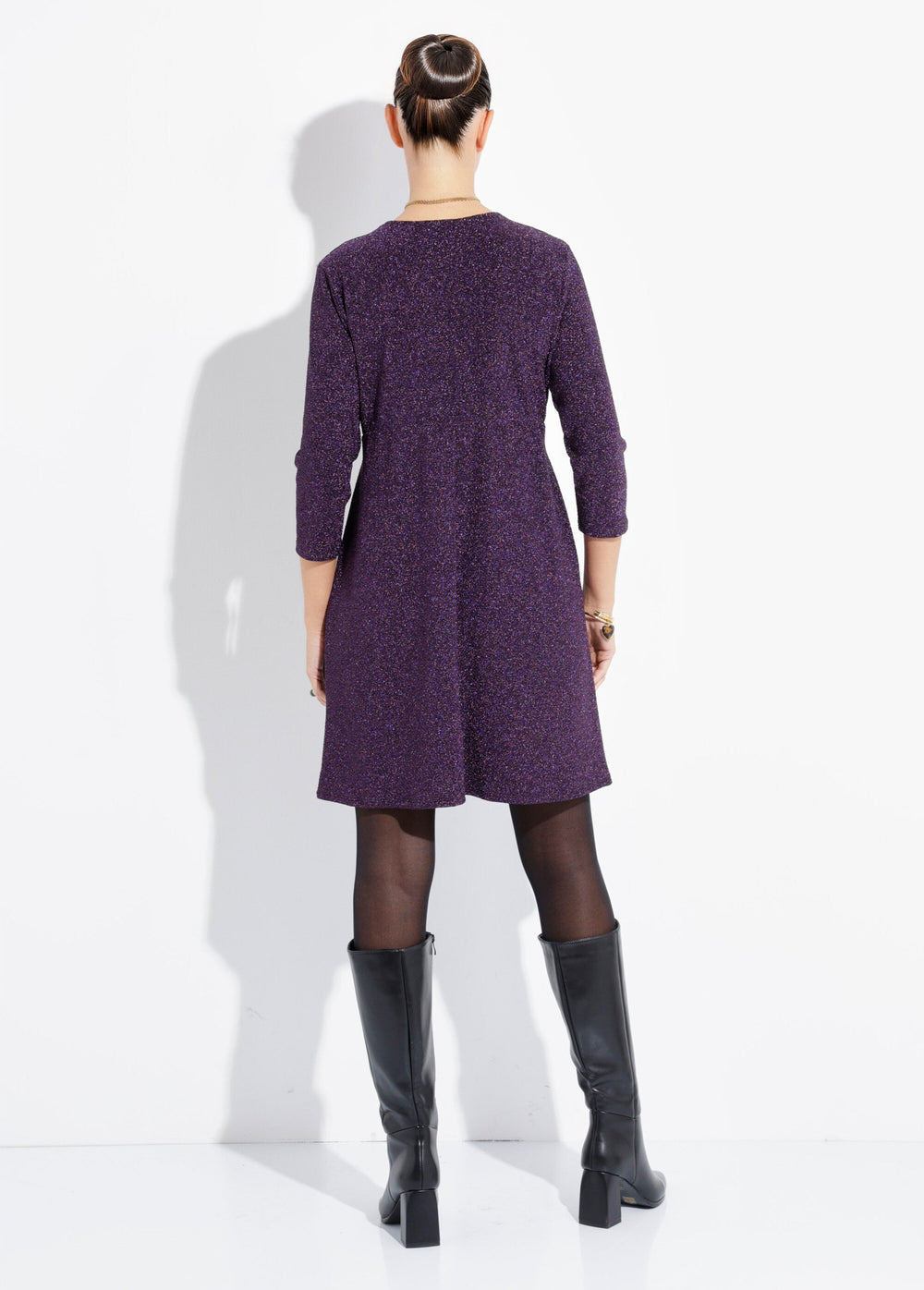 Chic Short Dress In Metallic Knit Purple Afibel chic-short-dress-in-metallic-knit-purple-afibel