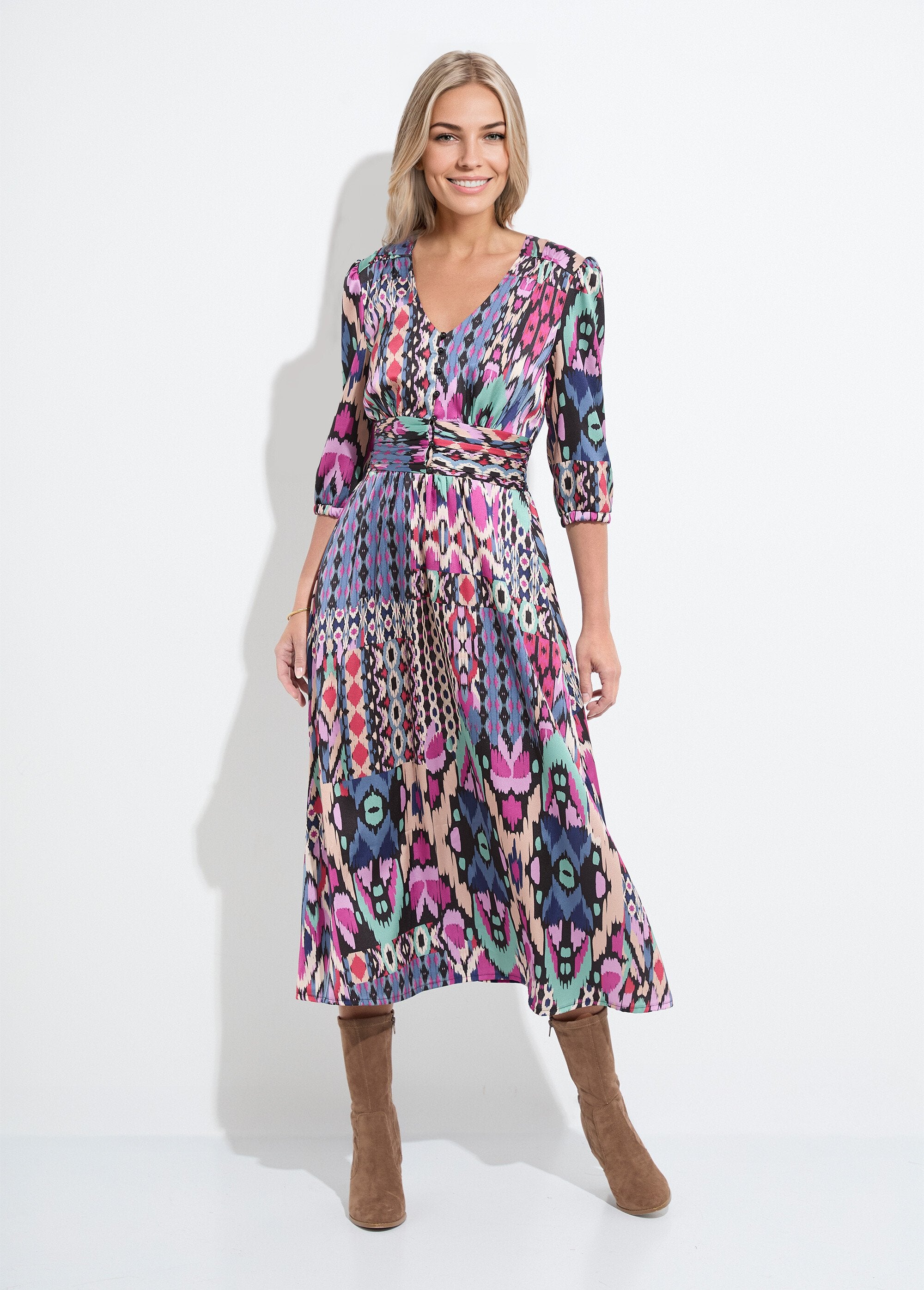 Long_satin_dress_with_ethnic_print_and_3/4_sleeves_Multicolor_FA1_slim