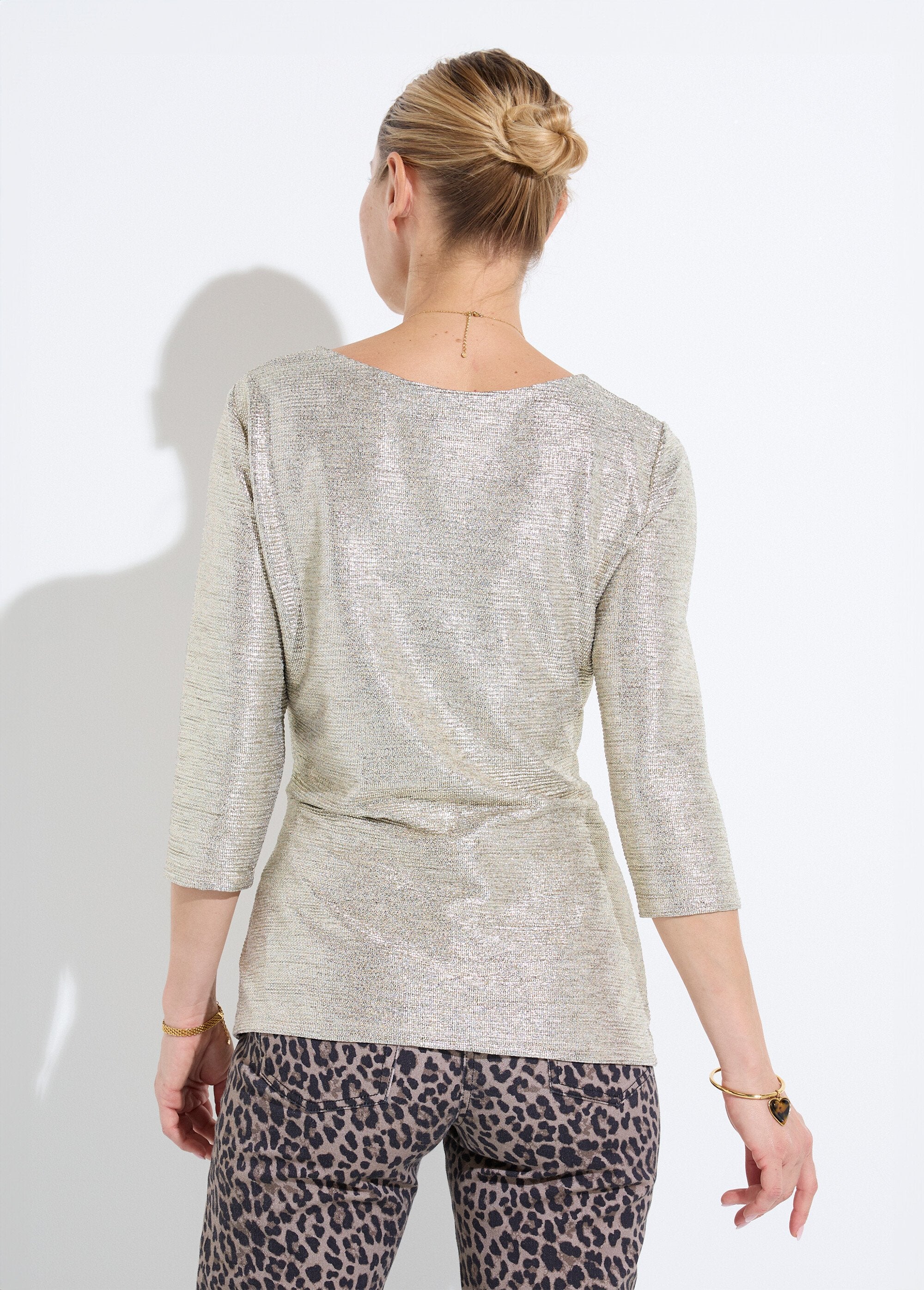 T-shirt_long_doré_effet_noué_manches_3/4_Dore_DO1_slim